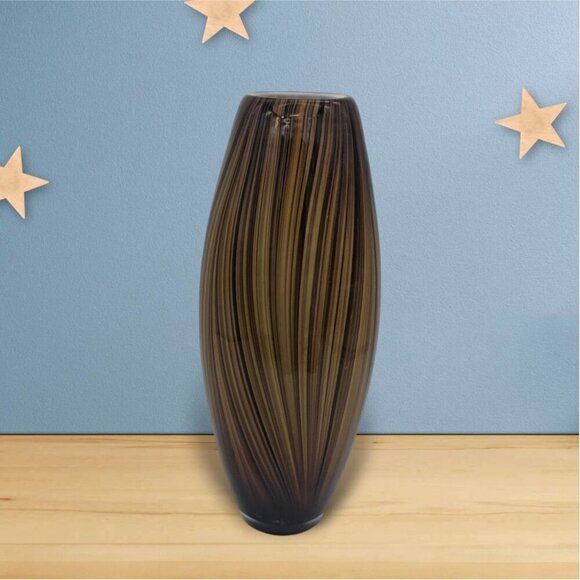Blown Glass Vertical stripe 13" Tall Vase Brown beige/sand colors accent decor - Picture 1 of 7